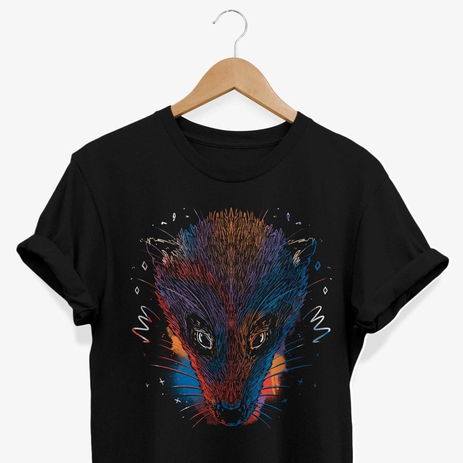 Colorful Opossum Art T-shirt, Vibrant Possum Artistic Graphic Tee Shirt, Forest Animal Sketch Illustration S