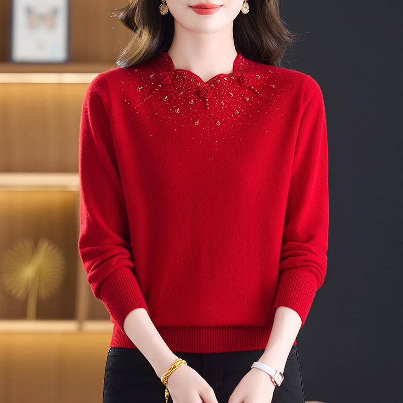 Year of the Rat Women's Thick Cashmere Sweater - Half-High Collar, Chinese Style, Plus Size, Red Winter Base Layer.