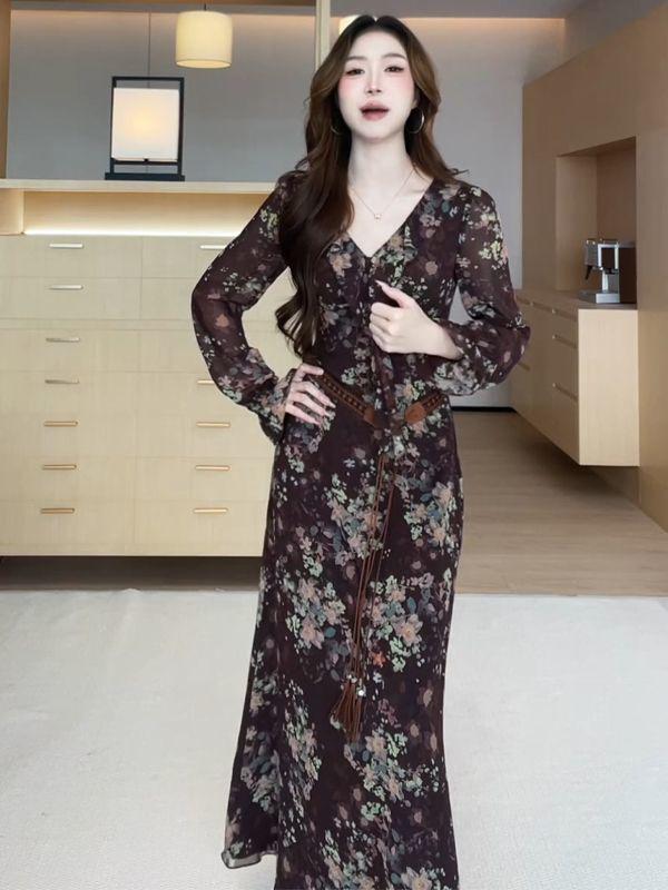 Twilight Rose Women's Retro Floral Ruffle Dress - Autumn/Winter Slim Fit