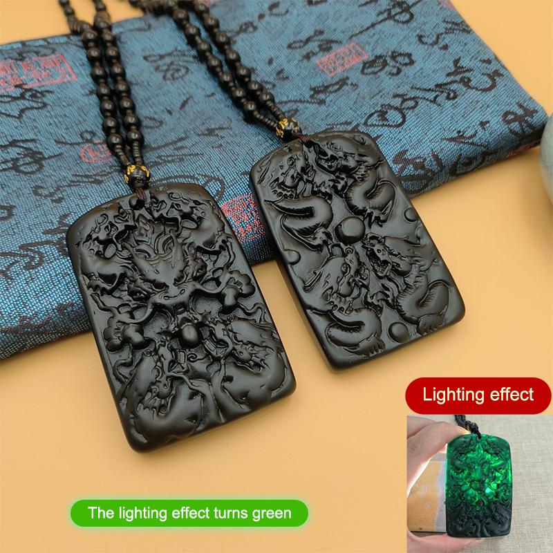 Dragon Plaque Maitreya Buddha Pendant Necklace Light Changing Red Green Amber Resin Pendant Jewelry Gift For Women Men