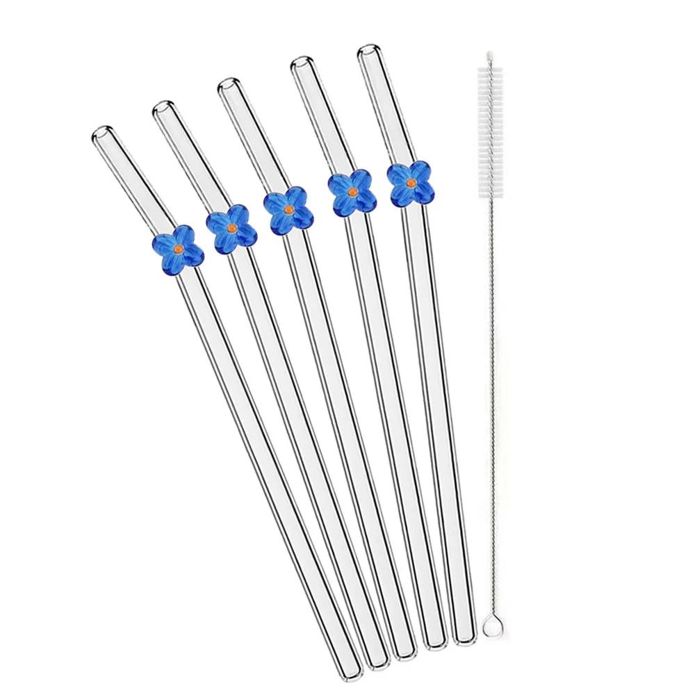 6Pcs Drinking Straw with Brush Set High Borosilicate Glass Flower Bent Straws Set Milk Coffee Shake Cocktail Straw Bar Drinkware