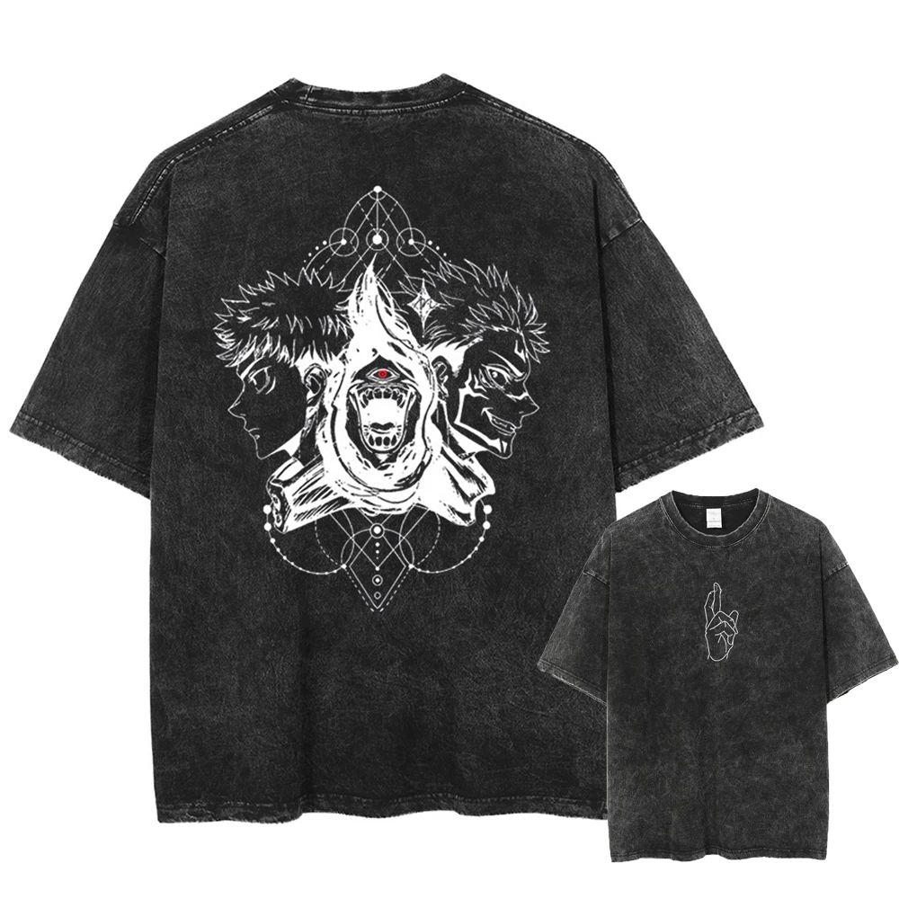 Anime Jujutsu Kaisen Printed Tshirt Mens and Womens Washed Tshirt High Quality Vintage Cotton Tshirt Harajuku YK Tops