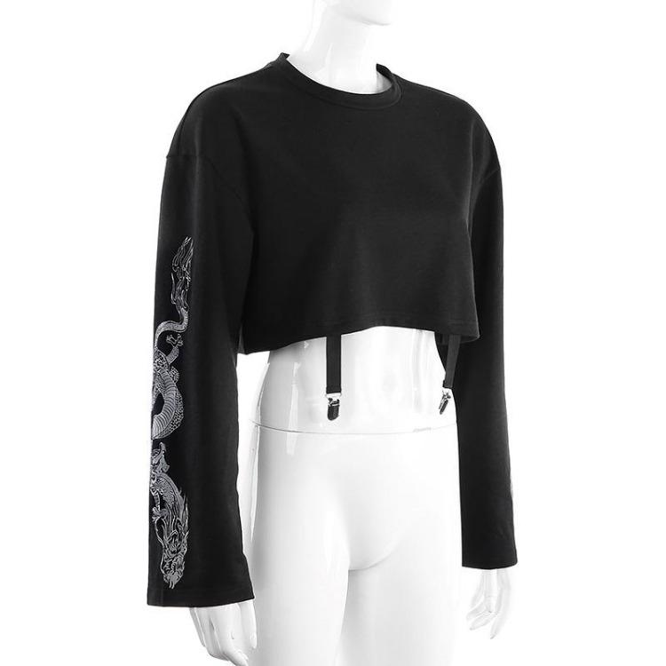 Mode Damen Drachen Print Hoodies Lässig Locker Kurz Top Pullover Sweatshirts Streetwear Herbst Outfit Neu Weiblich