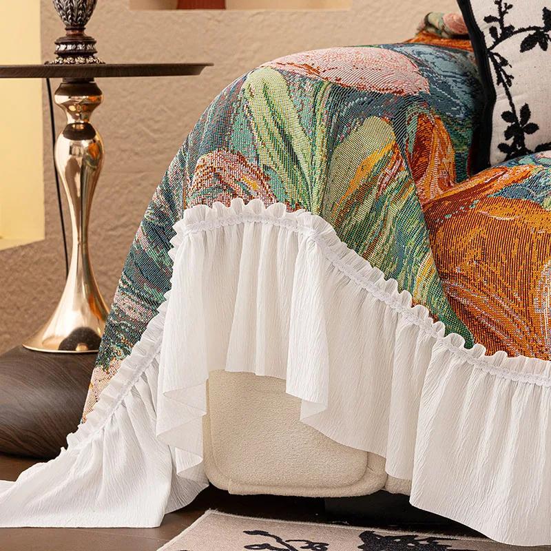 Nordic Pastoral Sofa Towel with Skirt Edge All Inclusive Non Slip Couch Cushion for Living Room All-Season Printed Sofa Blanket