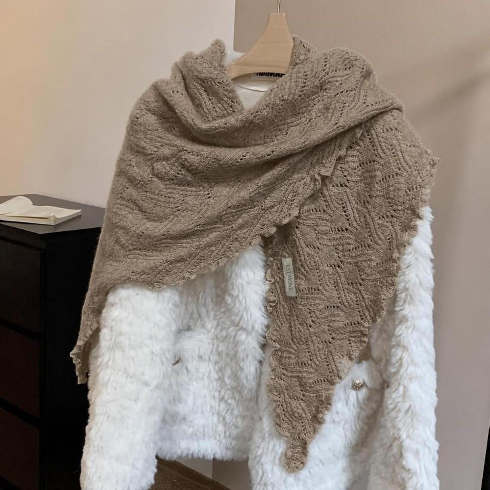 Thickened Widen Shawl Wrap Ruffled Edge Winter Scarf Knitting Triangle Scarf Casual Outfit