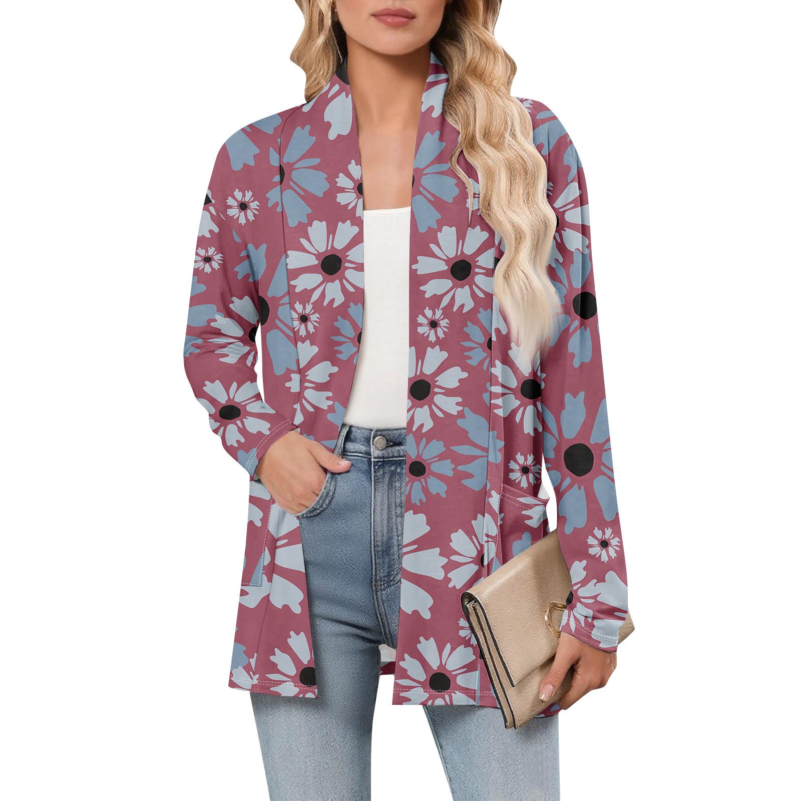 

Женский кардиган с длинным рукавом, V-образным вырезом, модная рубашка с принтом, легкий, повседневный, свободный, тонкий кардиган с карманами L фиолетовый