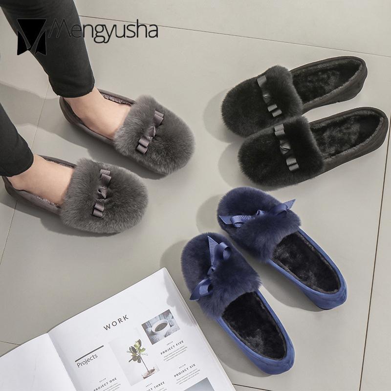 Зимние женские туфли на плоской подошве из кроличьего меха с бантом и плюшевыми — фото 4