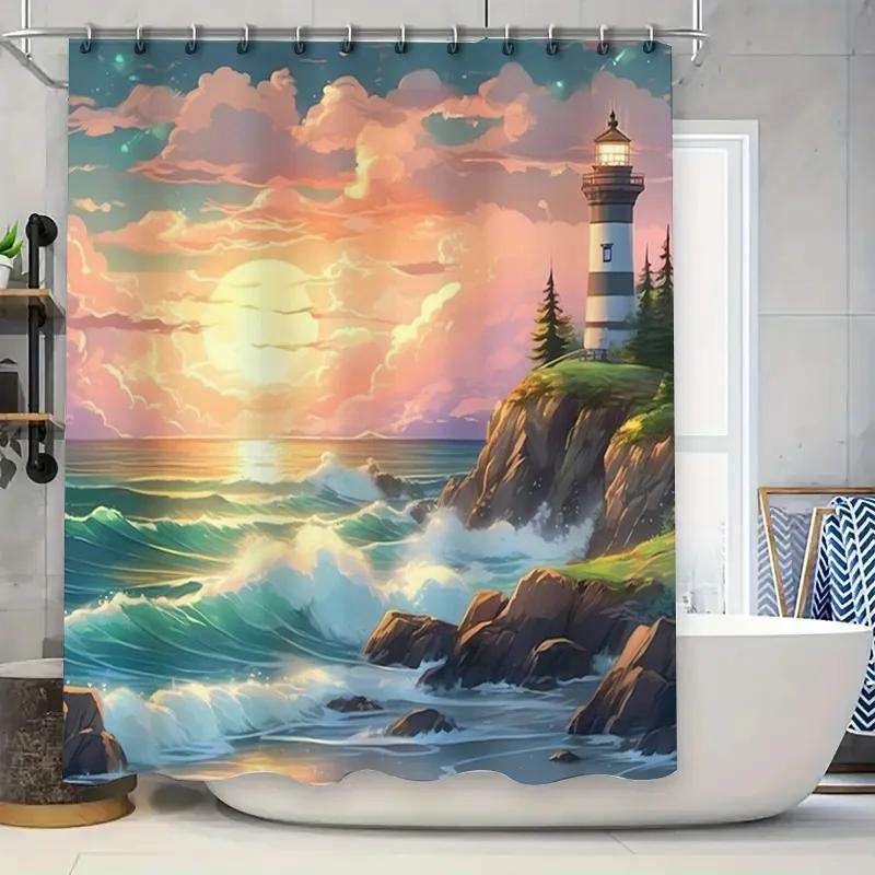 

3D Printed Lighthouse Shower Curtain Waterproof Bathroom Decor Printing Modern Ocean Waves Sun Setting Design Bath Tapes Custom W90xH180cm