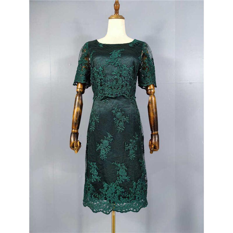 

Export Single High Quality round Neck Work Clothing Graceful Embroidery Lace Fake Two Pieces Short Sleeve Office Ol White Dress Female Green 2XL(12)