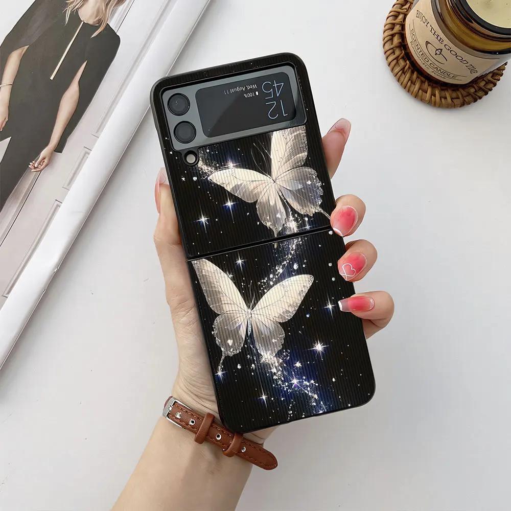 Case For Samsung Galaxy Z Flip 6 5 4 3 Phone Case Flower Butterfly Leather-Grain Shockproof Cover For Galaxy Z Flip6 Flip4 Flip5