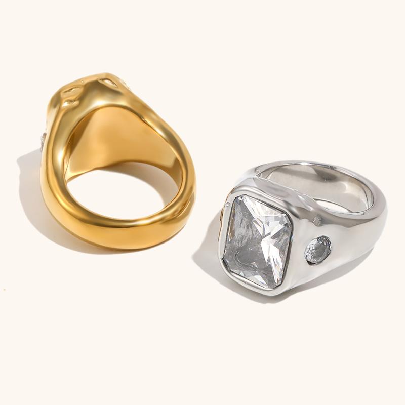 Gold Plated Deep-Patterned Square Zircon Ring Simple Statement With Irregular Design Tarnish Free Women'S Jewelry