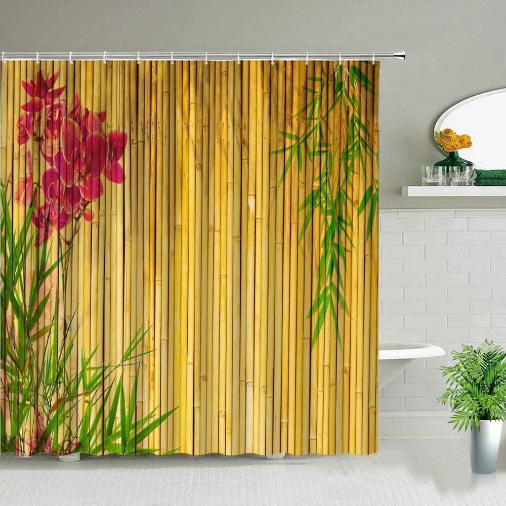 Yellow Green Bamboo Lotus Shower Curtain Bathroom Curtains Plant Flower Natural Scenery Fabric Background Wall Decor Screen Hook