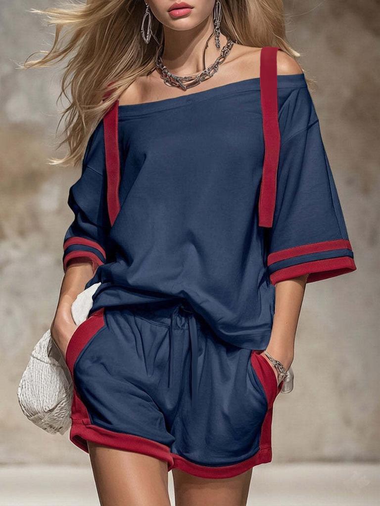 2026 Amazon European and American cross-border spring and summer women's suit off-the-shoulder top + shorts sports and leisure two-piece set