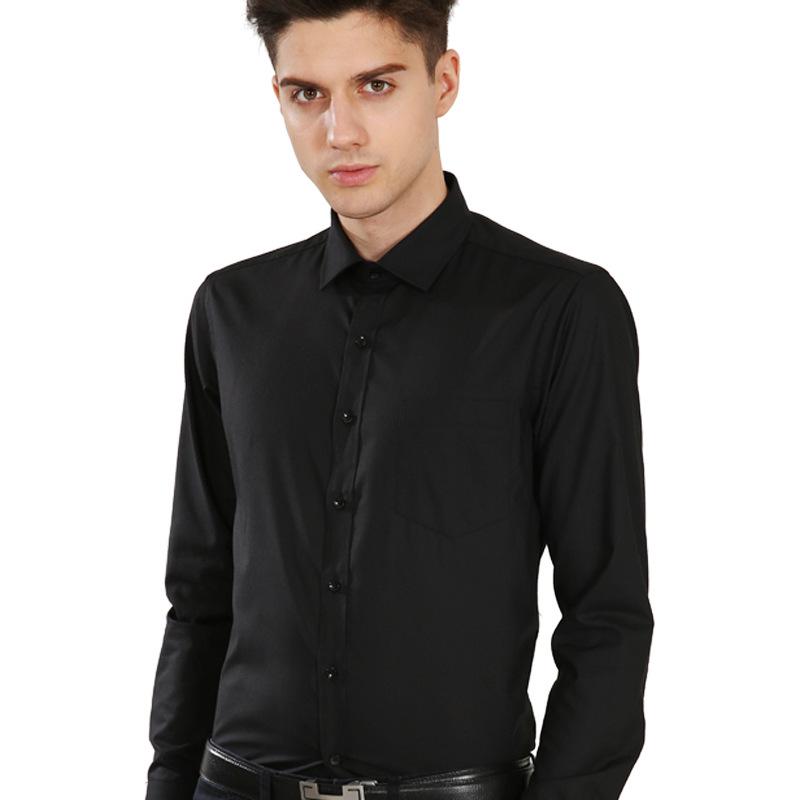 "Men's Long-Sleeved Black and White Business Slim-Fit Shirt with Solid Color or Printed Design"