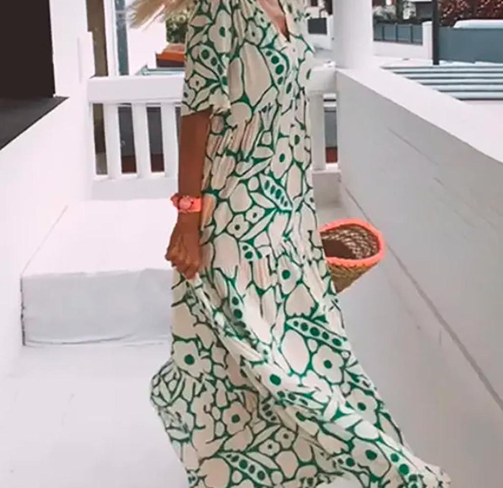 Summer 2023 Women's V-Neck Print Short Sleeve Long Dress