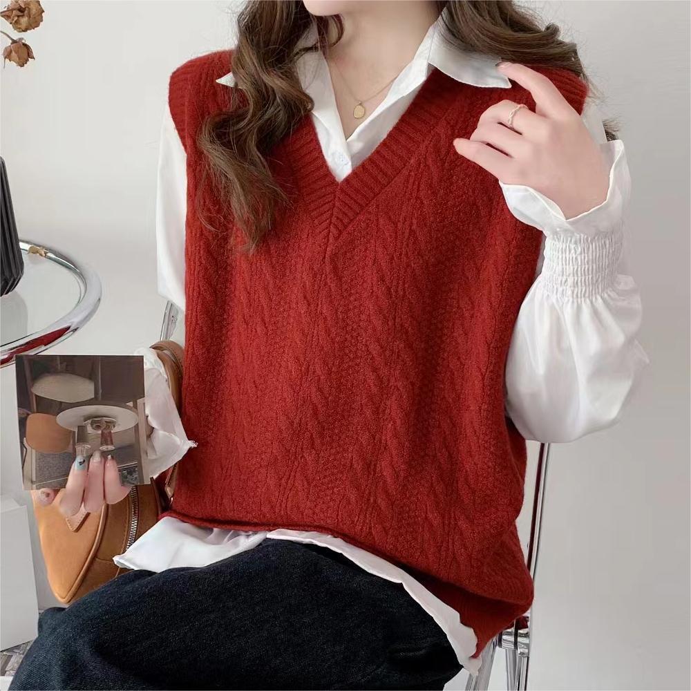 WTEMPO Preppy styl Bez rukávů Pleteniny Dámské Podzim Zima Jednobarevné Ležérní Svetry Výstřih do V Pletené Vesty