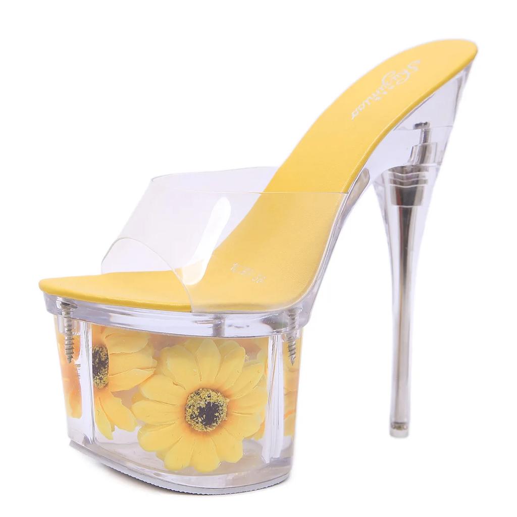 Fashion Big Size Sexy High Heel Shoes Sunflower Thick Heel Thin Heel Platform Sandals Transparent Crystal Shoes Wedding Shoes Feast
