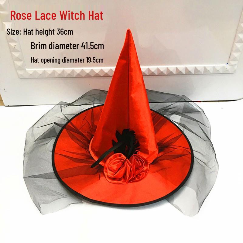 Rose Flower Mesh Witch Hat for Halloween - Kids & Adults Masquerade Party Costume