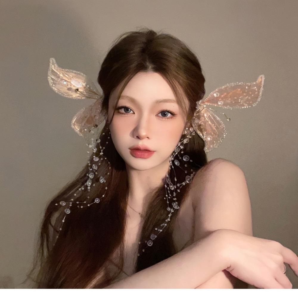 Hair Claw Colorful Clear Glitter Tassel Butterfly Side Clip Fairy Ear Headwear Crystal Hairpin