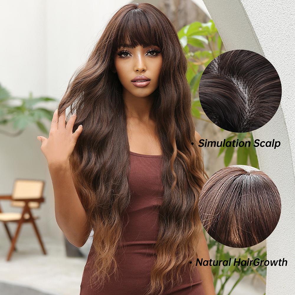 Long Curly Wigs Brown Loose Wavy Synthetic Wig With Bangs Chocolate Brown for Women Afro Wig Daily Party Use Heat Resistant Wigs