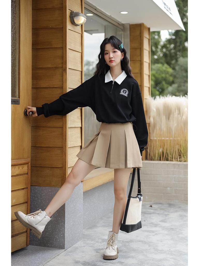 Women's Retro Embroidered Polo Collar Half-Zip Pullover - 2025 Spring/Autumn Collection