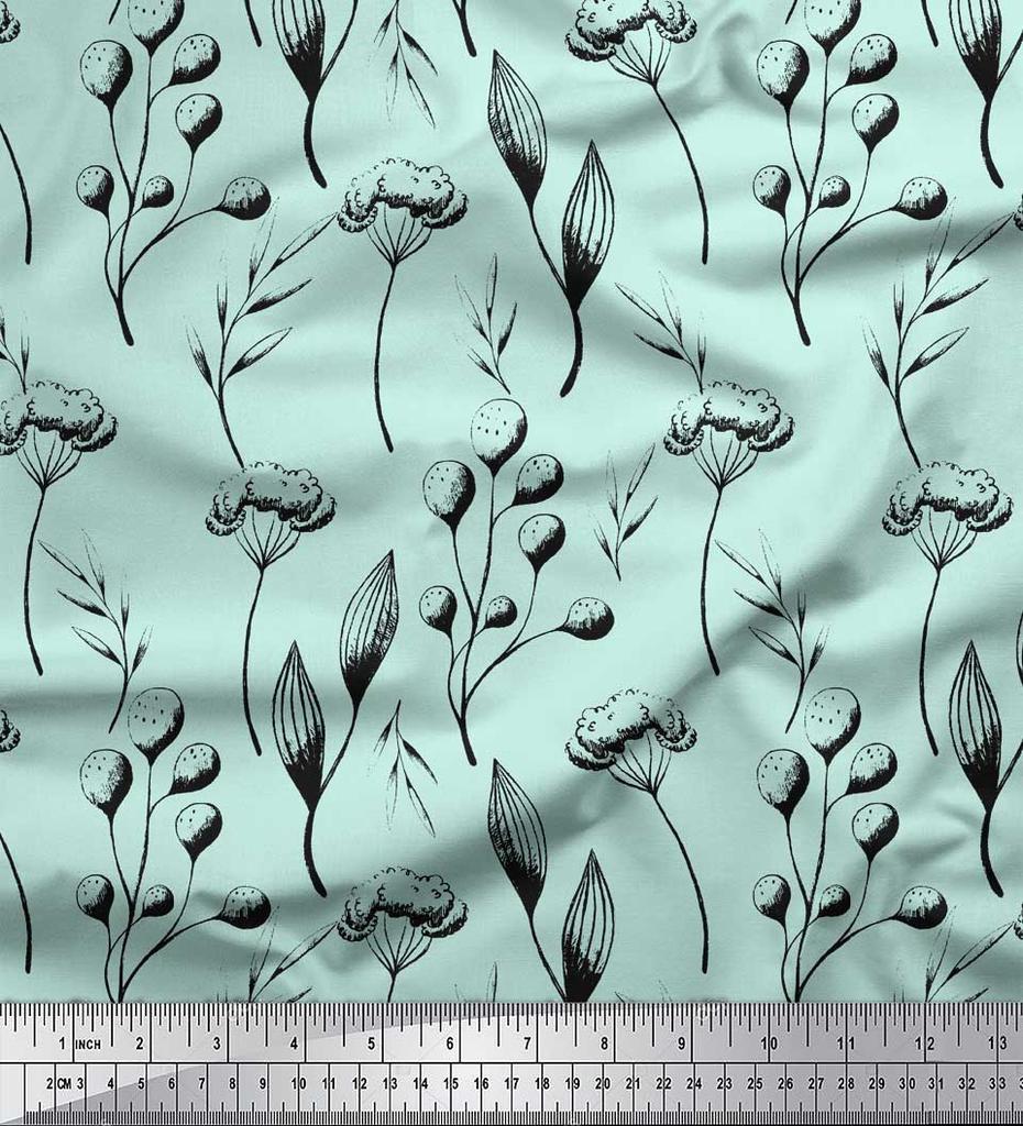 Soimoi Fioletowa tkanina poliestrowa krepowana z nadrukiem liści i kulek bawełnianych, sprzedawana na metry, szerokość 42 cale