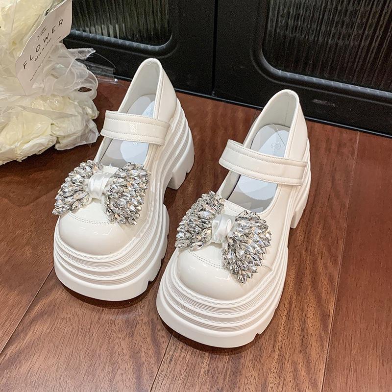 

8CM heightened platform bow rhinestone women s single shoes 2025 spring and autumn new muffin thick heel Mary Jane loafers 35