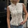 Women Sleeveless Lace Mandarin Collar Blouse with Frog Buttons