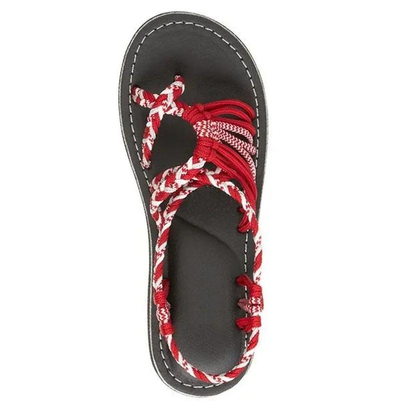 Módní dámské letní žabky sandály boty smíšené barevné sladění uzel z provazu plážové palcové římské sandály ležérní pohodlné boty plus size