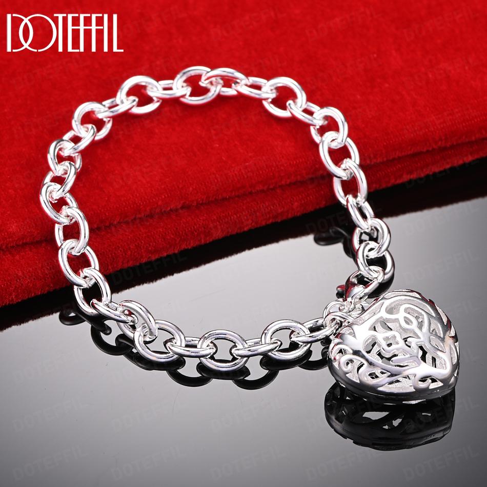 925 Sterling Silver Charm Heart Pendant Bracelet Wedding Fashion Gift Jewelry