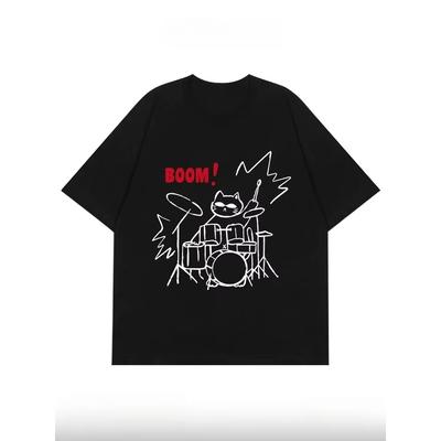 Summer Clothes Creative Handpainted Rock Set Drum Playing Cat T-shirts Men's and Women's Loose Short Sleeves Trendy Y2k T-shirt