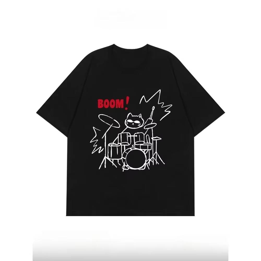 Summer Clothes Creative Handpainted Rock Set Drum Playing Cat T-shirts Men's and Women's Loose Short Sleeves Trendy Y2k T-shirt