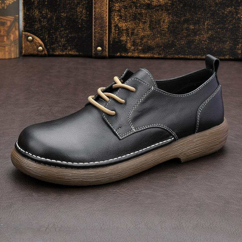 

Autumn Winter Soft Leather Derby Shoes, British Style Wide Round Toe Lace-Up, Comfort Flexible Sole Casual Footwear 44 чорний