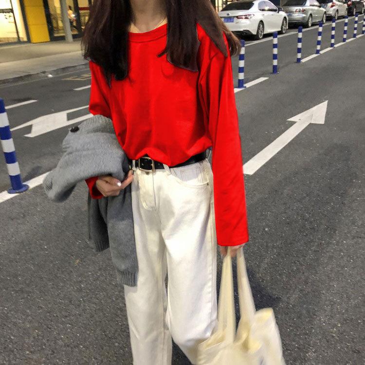 

Женская весенне-летняя одежда, однотонная футболка с длинными рукавами, тонкая рубашка с круглым вырезом и низом M красный