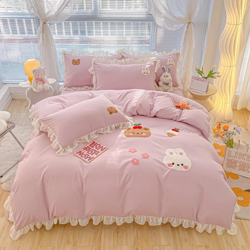 

Комплект постельного белья с милым кроликом в вышитом стиле для детей, девочек, принцесса, оборки, пододеяльник с наволочками, комплект постельного белья размера «queen size» 150x210cm Single 3Pc