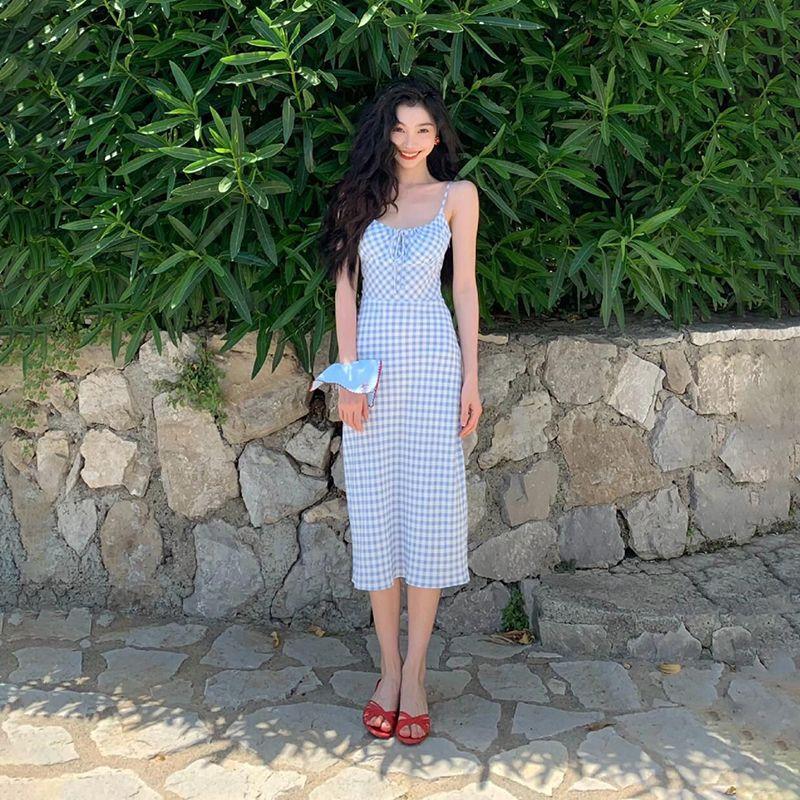 

# Sisjuly# Yi Mengling Same Style Fresh Vacation Style Retro Plaid Slip Dress Women s Tea Break Gentle Skirt Blue M