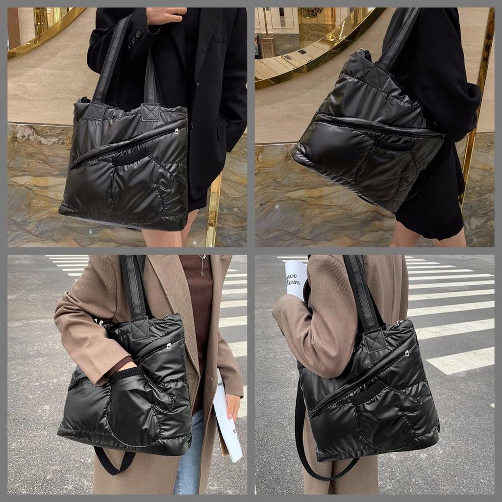 APOSITV Women's Down Tote Bag, Quilted Shoulder Bag, Large Capacity, 2-Way, Lightweight