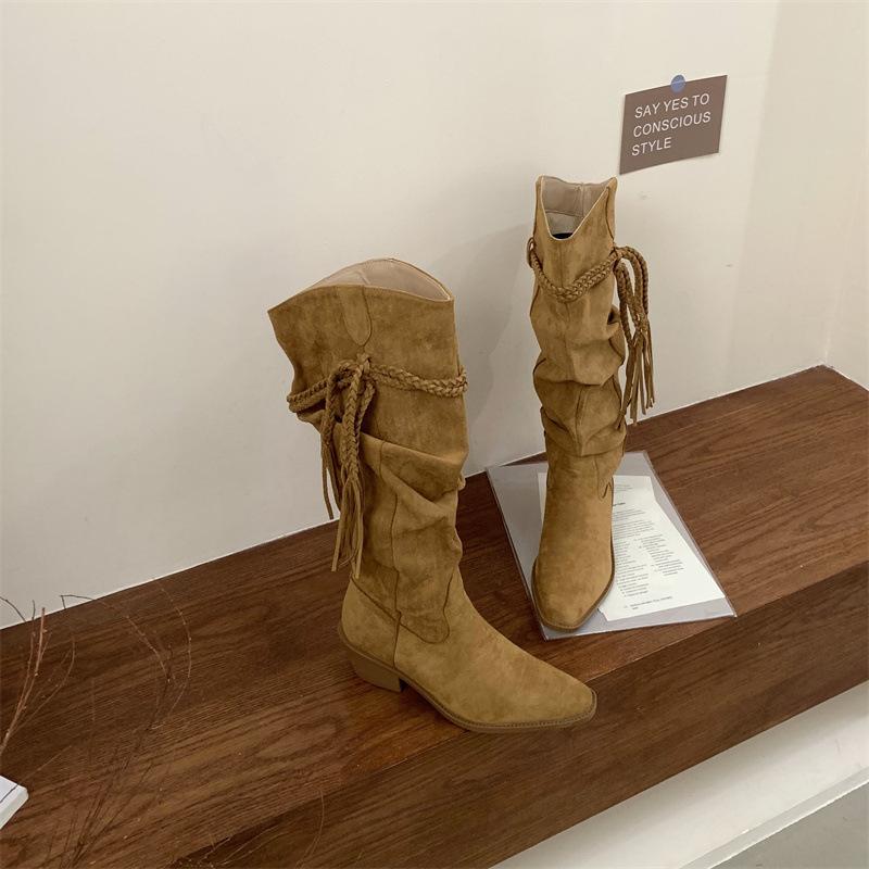 

Винтажные плетеные ботильоны с бахромой на толстом каблуке, осень-зима 2025, остроносые ковбойские ботинки в западном стиле, ботинки на платформе 40 коричневый