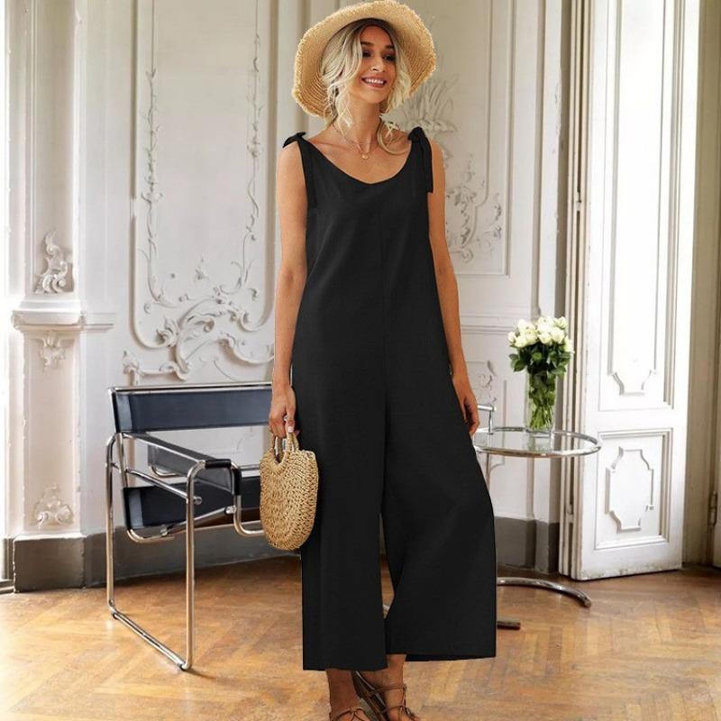

Women V Neck Sleeveless Tie Strap Wide Leg Casual Jumpsuit S чорний
