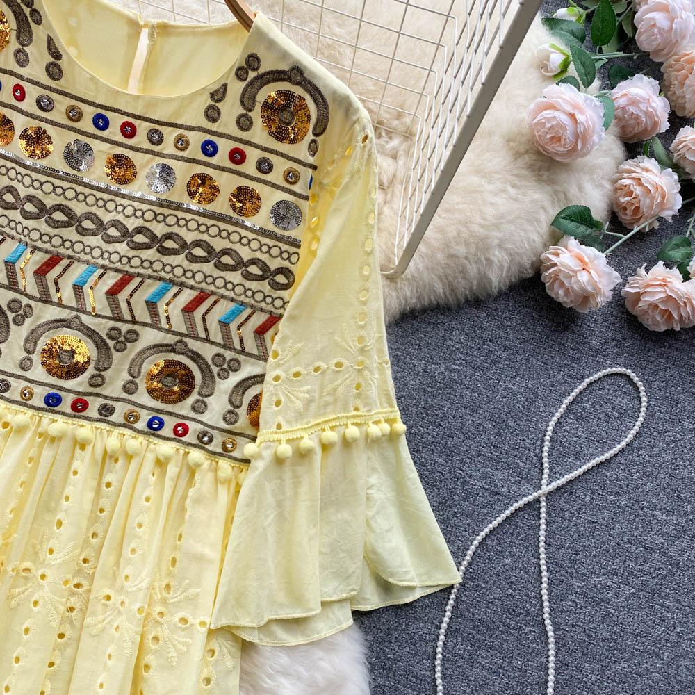 RUGOD French Retro Ethnic Embroidered Round Neck Flared Sleeve Dress Women's Loose Temperament All-match A-line Long Dress