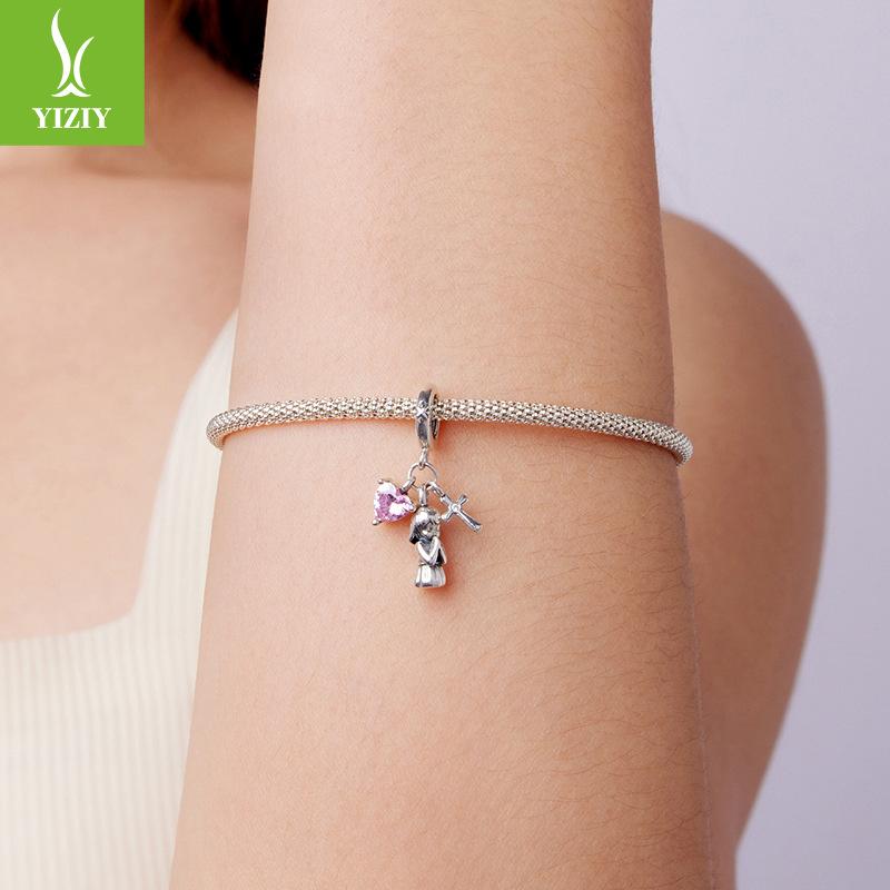 Pink Love Cross Pendant Accessories Cute Little Angel S925 Sterling Silver Bracelet Beaded