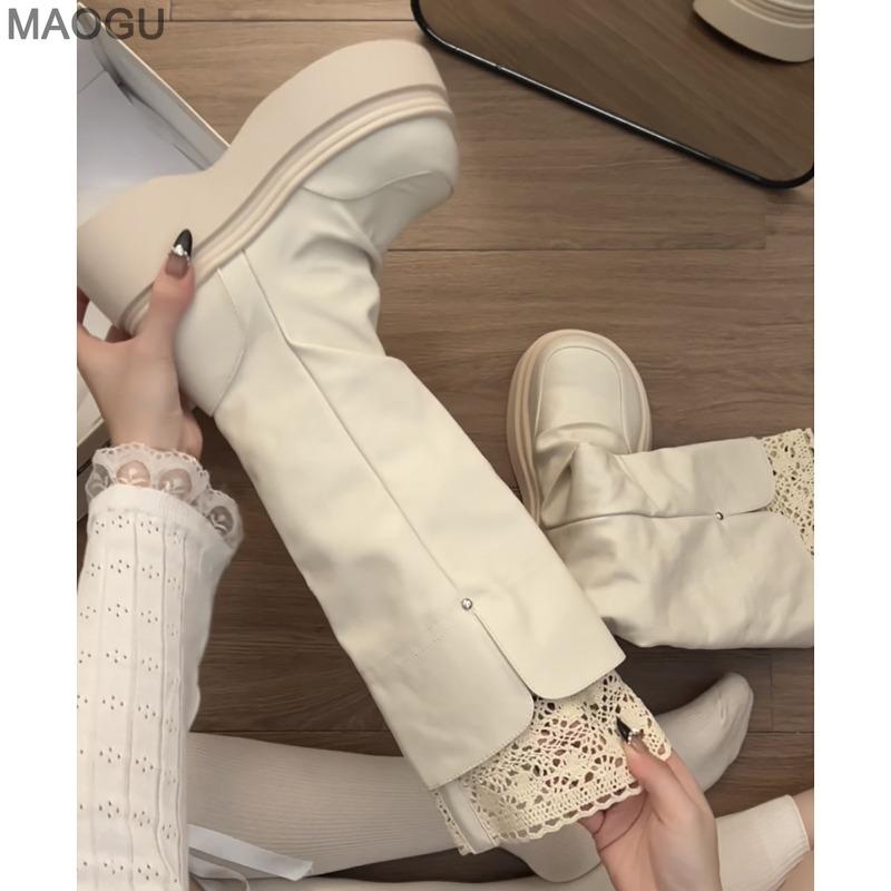 

Beige British Style Platform Boots Women Knee High Chunky Sole Leather Long Boots Fashion Pleated Botas Mujer Height Increasing 39 бежевий