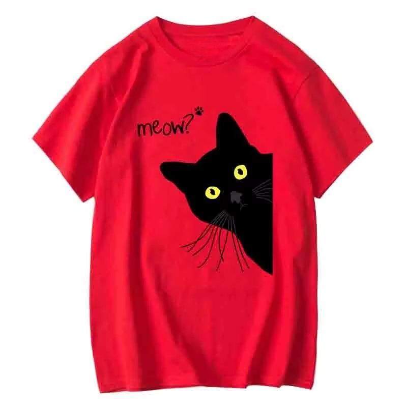 Herren T-Shirt 100% Baumwolle Sommer Meow Schwarzer Katzenaufdruck Herren T-Shirt Lässig Locker Rundhals Herren T-Shirt Kurzarm T-Shirt Herren T-Shirts