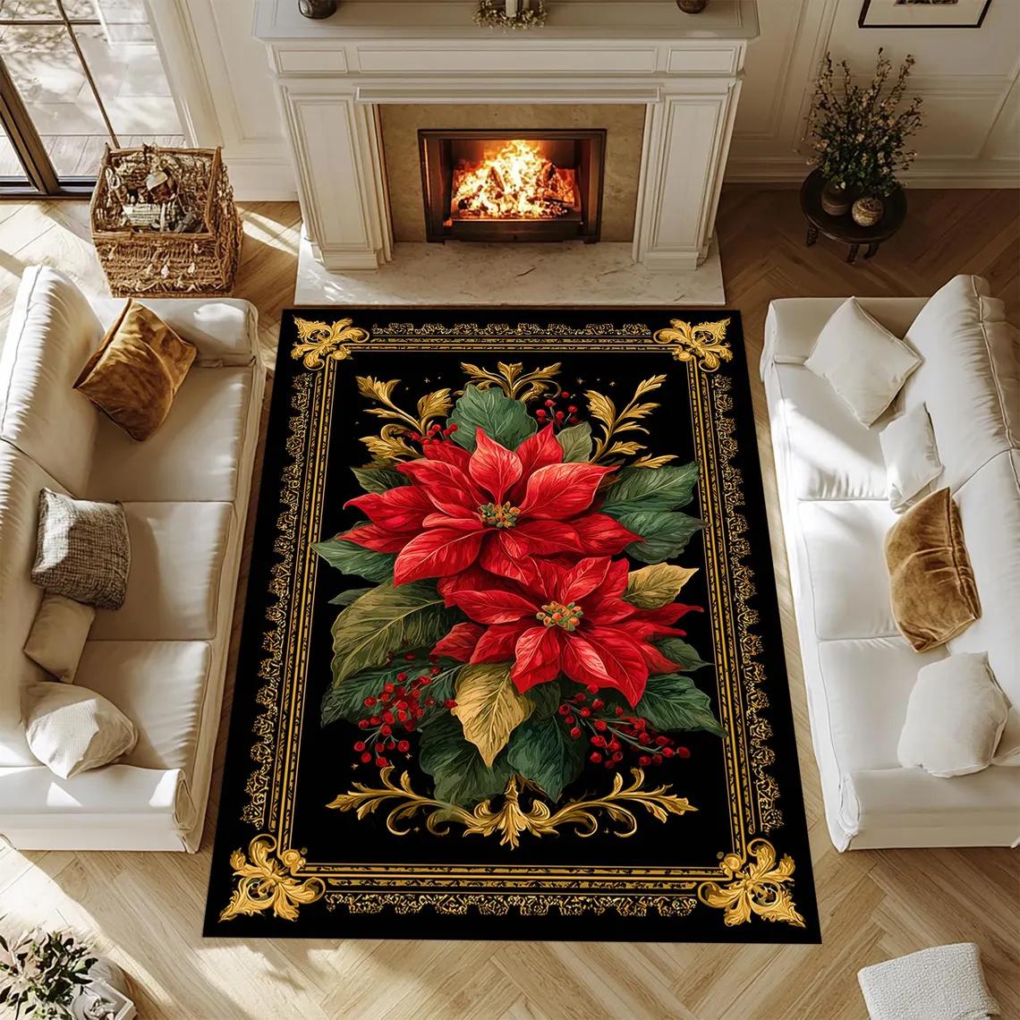 

Christmas Poinsettia Floral Area Rugs Non-Slip Washable Carpet for Bedroom Living Room Rug Holiday Decor Floor Mat 40x60CM