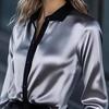 Women Shirt Lapel Long Sleeve Satin Texture Breathable Shirt Patchwork Color Loose Fit Office Casual Tops