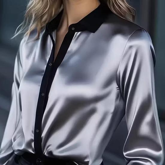 Women Shirt Lapel Long Sleeve Satin Texture Breathable Shirt Patchwork Color Loose Fit Office Casual Tops