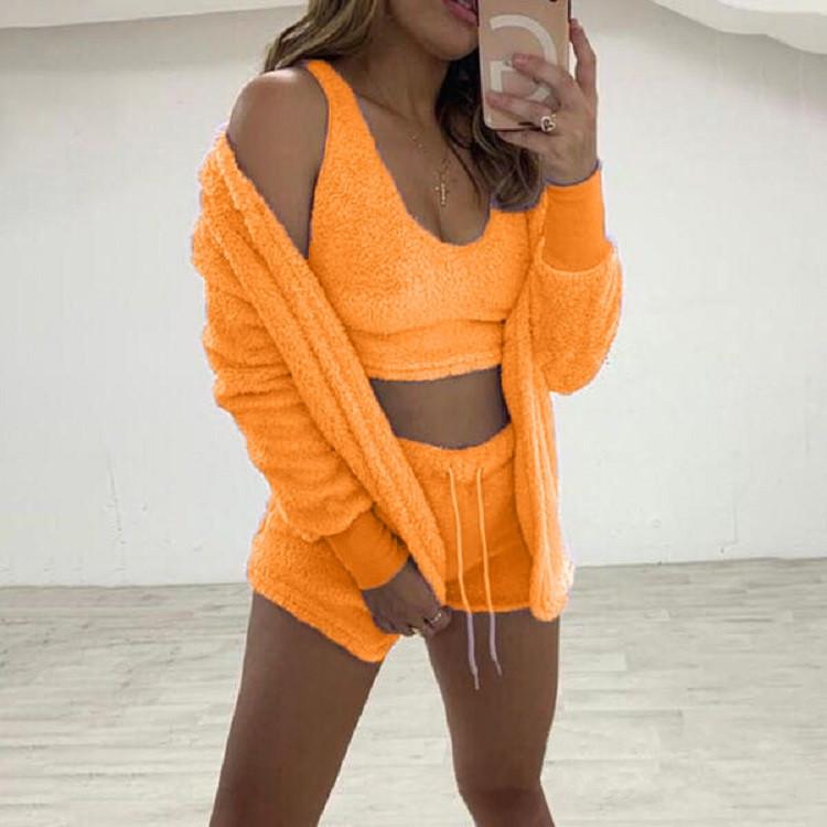 Plush Long-Sleeve Casual Three-Piece Set: Jacket, Vest & Shorts