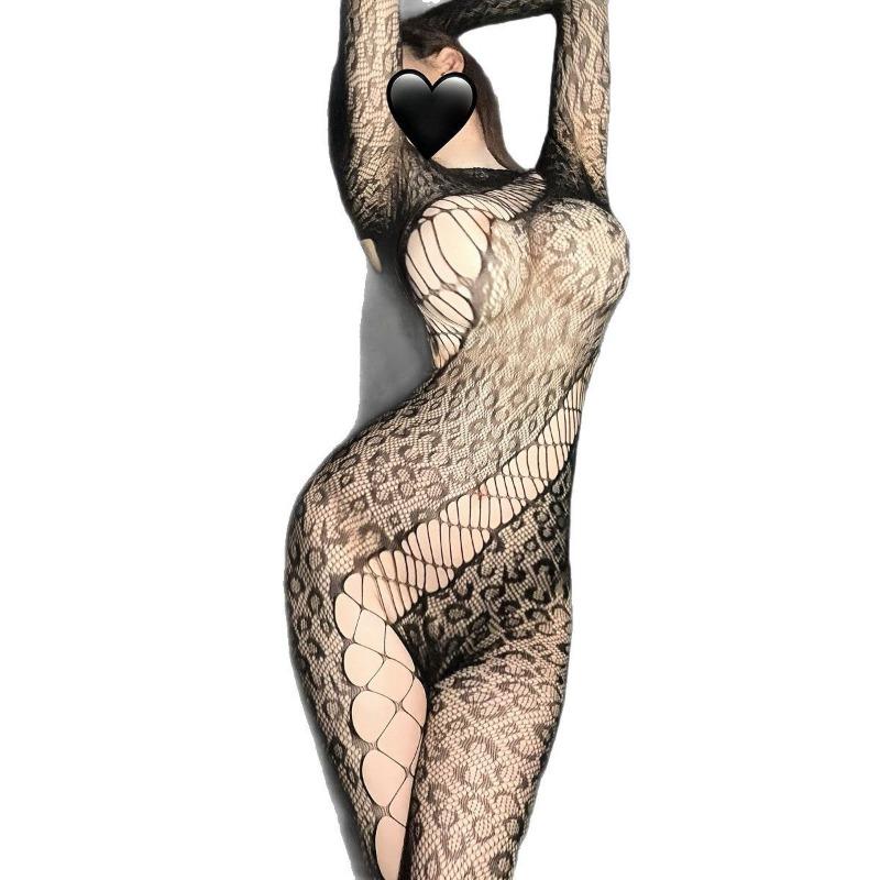 Sex Net Clothes Sexy Irregular Mesh Perspective Leopard Print One-piece Stockings Temptation Backless Can Be Torn Off