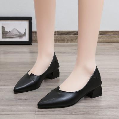 Fashion 2025 New Women Soft Leather Pumps Medium Heel Pointed Toe  Casual Lady Office Daily Work Chunky Heels Slip On Shoes