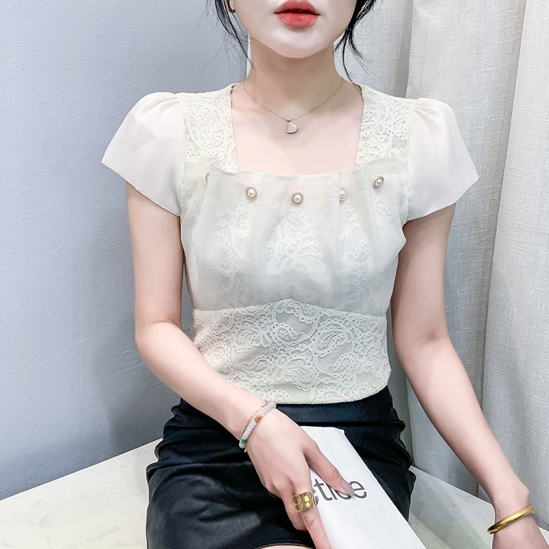 Tricou Clasic de Vară cu Dantelă pentru Dame Haine Sexy Decolteu Pătrat Nasturi cu Perlă Topuri Slim Cămăși Elegante Mânecă Scurtă Tricouri Femei